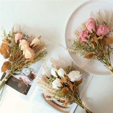 仿真烤焦谷穗干草玫瑰花束假花復古風干花攝影道具手捧花桌面擺件