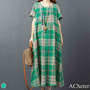 【ACheter】富士山拼接格紋寬鬆棉麻洋裝# 109691(現貨+預購)