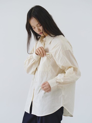 Bristol Shirring Oversized Cotton Shirt [Green Stripe]