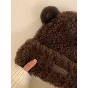 可愛小熊毛線帽子女冬季2025年新款毛絨保暖毛毛秋冬大頭圍針織帽