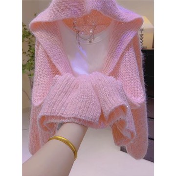 慵懶風粉色亮片針織開衫女秋冬新款寬松設計感連帽中長款毛衣外套