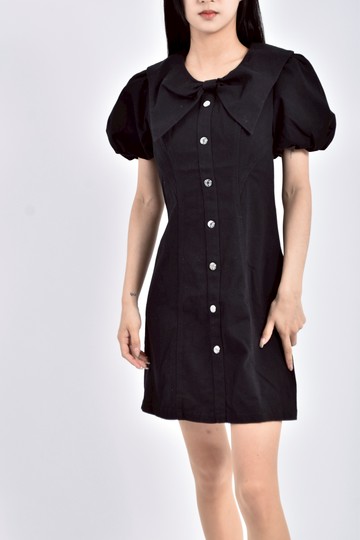 (S) only質感丹寧牛仔泡泡袖白色洋裝