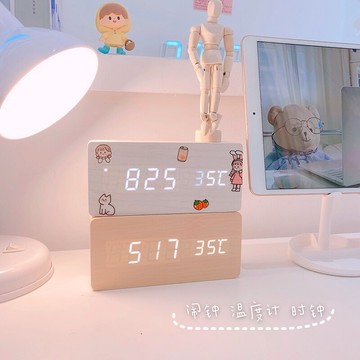 ins木質數字時鐘學生鬧鐘溫度多功能聲控木頭鐘 簡約桌面擺件裝飾