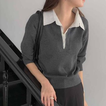正韓女上衣 假兩件長袖針織衫ATM1104-創翊韓都