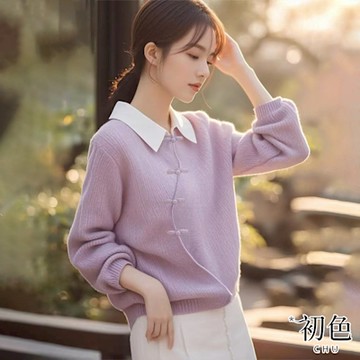 初色 新中式拼接復古盤扣翻領長袖針織衫大學T恤上衣女上衣-紫色-10897(F可選)