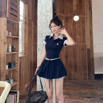 台灣熱賣夏季設計感條紋拚接POLO襯衫短袖上衣A字傘裙防走光半身裙套裝女0520 6XDI