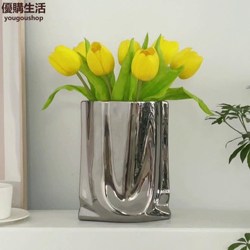 優購生活~輕奢高檔電鍍銀色陶瓷花瓶擺件客廳插花高級感網紅ins郁金香創意咖啡廳 咖啡店 甜品店 擺件 裝飾 網美 自拍 藝術