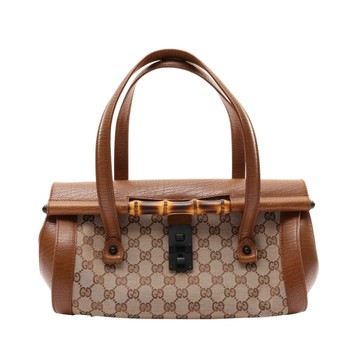GUCCI 古馳 棕色 GG帆布 竹節 Bamboo Bullet 手提包 111713 【二手名牌BRAND OFF】