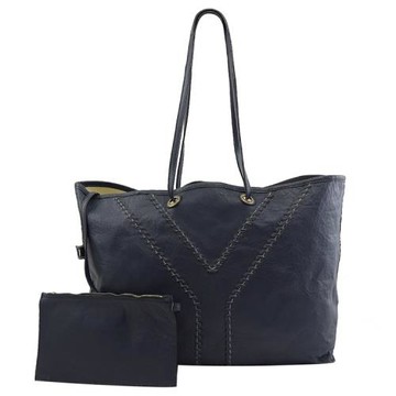 【展示福利品】 YSL 284650 簡約小羊皮漆皮雙面肩背包.深藍/白