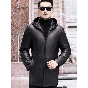 海寧真皮皮衣男連帽羽絨服脫卸內膽中長款皮夾克休閑加絨冬季外套
