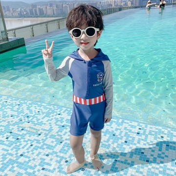 韓國兒童泳衣男童長袖防曬速干連體海灘溫泉度假中小童帥氣游泳衣