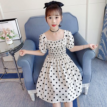 女童連衣裙夏裝2022新款網紅波點兒童公主裙薄款學院風泡泡袖裙子