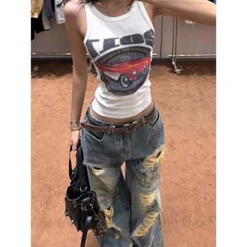 歐美高街設計感破洞牛仔褲子女慵懶風夏季薄款復古做舊臟染拖地褲