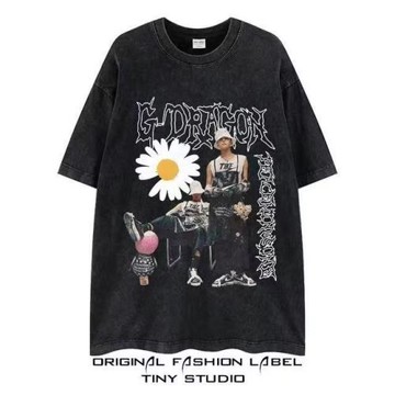 韓系情侶權志龍同款高街水洗做舊雛菊短袖嘻哈寬松oversize純棉t