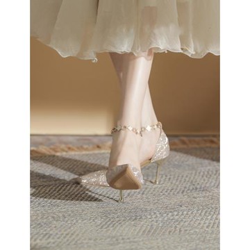 法式高跟鞋女細跟名媛氣質單鞋一字帶高級感主婚紗水晶婚鞋不累腳