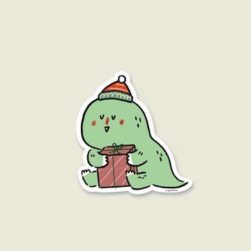 聖誕模切明信片恐龍拿著禮物