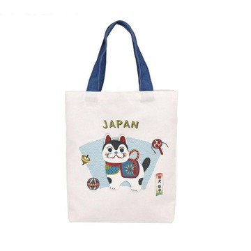 Kusuguru Japan 肩背包 日本限定和風圖樣A4帆布托特包狛犬款白色