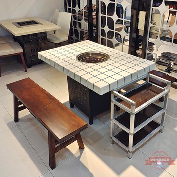 大理石火鍋桌子電磁爐一體商用無煙燒烤火鍋店煤氣灶市井桌椅組合