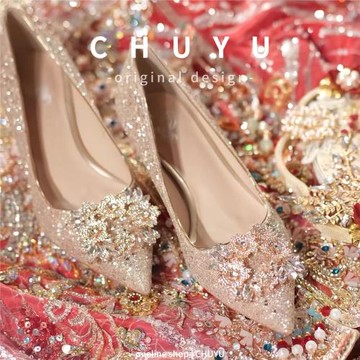 亮片平底婚鞋女孕婦可穿禾秀主婚紗兩穿粗跟新娘鞋女水晶鞋不累腳