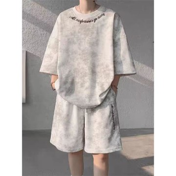 美式復古套裝男夏季潮牌大碼休閑運動一套衣服搭配短袖短褲兩件套