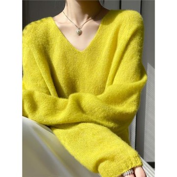 云朵觸感！25%桑蠶絲+75%山羊絨衫女V領無縫寬松慵懶薄款圓領毛衣