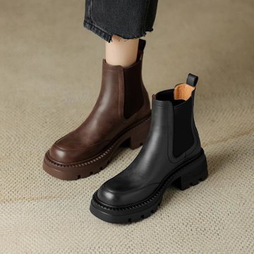 南城北巷復古風厚底切爾西靴女小個子增高短筒粗跟真皮馬丁靴短靴