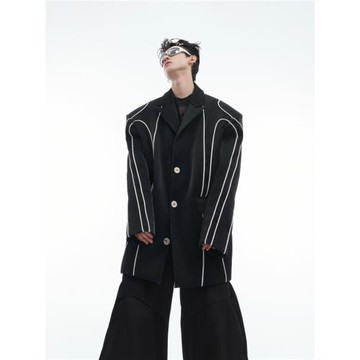 CulturE原創小眾液態金屬感PU皮墊肩西服外套先鋒線條設計感西裝