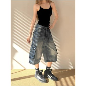 美式復古工裝牛仔七分褲男女夏季新款水洗做舊寬松多口袋闊腿短褲