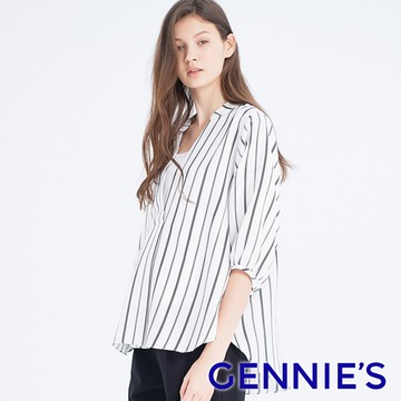 Gennies奇妮 立領七分袖哺乳孕婦上衣-白底黑條(T3H10)