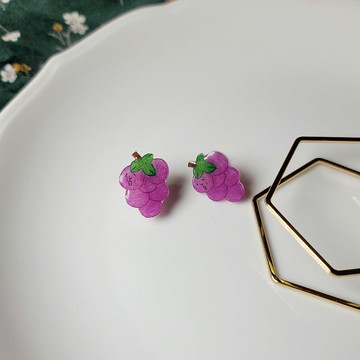 吃葡萄不吐葡萄皮 水果 可愛表情 手繪熱縮片 耳環