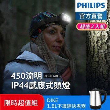 PHILIPS 飛利浦 兩入組 450流明 IP44 感應式頭燈 買就送1.8L不鏽鋼快煮壺( SFL3342RH+HCE211SL)