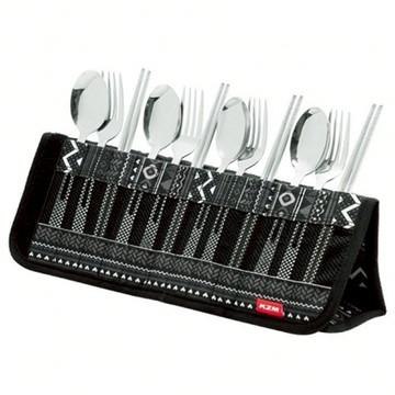 KZM OUTDOOR 彩繪民族風立體餐具收納袋13件組  湯匙 4支 + 叉子4支 + 筷子 4雙 + 收納袋 展開34 x 10 x 17cm 收納11 x 4 x 24cm 420g  K9T3K004  1組  彩繪民族風 黑色