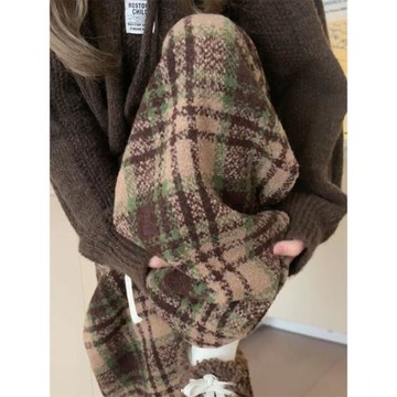 咖色格子褲女秋冬季2025新款高腰休閑直筒加厚棉褲復古毛呢闊腿褲