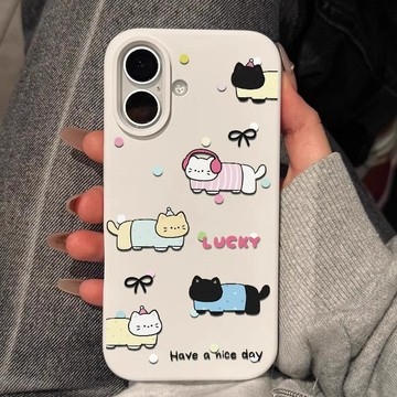 卡通小貓適用蘋果17promax手機殼iPhone18新款15promax液態矽膠16plus大孔軟殼14/13保護殼