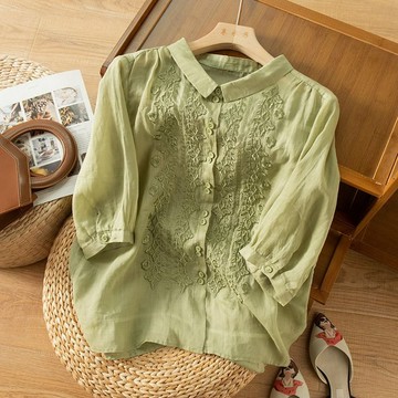 七分袖刺繡純棉襯衫女 文藝復古寬松上衣女襯衣 大尺碼上衣 短袖襯衫 大尺碼女裝 短袖上衣 夏季女裝 日系穿搭 大尺碼襯衫