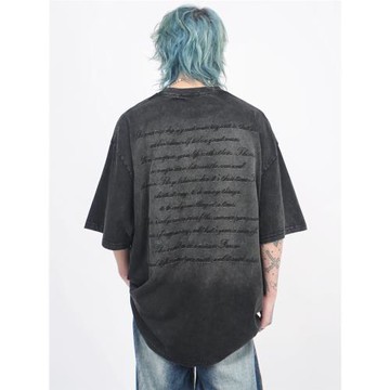 Mz 重磅做舊水洗字母刺繡短袖T恤男oversize美式復古街頭寬松上衣