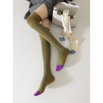 潮流時尚ins手縫無骨5A抗菌獨立小袋豎條松口過膝長筒女襪子