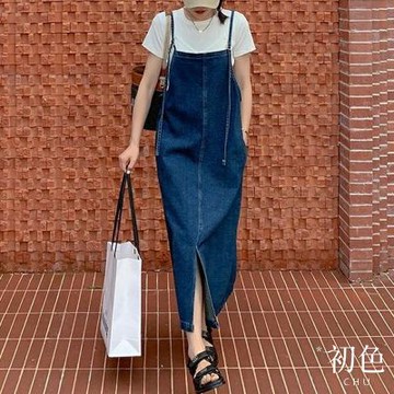 初色 純色圓領無袖細肩吊帶下擺開叉牛仔裙中長裙連衣裙連身洋裝長裙-藍色-14529(M-XL可選)