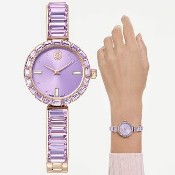 SWAROVSKI 施華洛世奇 Matrix Bangle 方形切割水晶手鐲式手錶 女錶 夏日煥新提案 送禮推薦-紫x香檳金 5743713