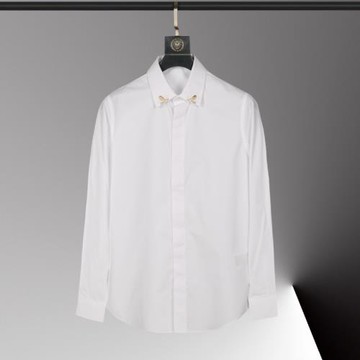 潮牌春季領子半邊小蜜蜂門襟織帶男長袖襯衫修身休閑商務白色襯衣