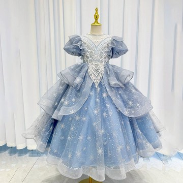 高端女童生日禮服藍色公主裙花童婚禮小主持人演出服兒童鋼琴走秀