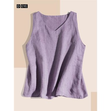 純苧麻紫色背心女夏季休閑V領提花設計無袖打底上衣棉麻薄T恤小衫