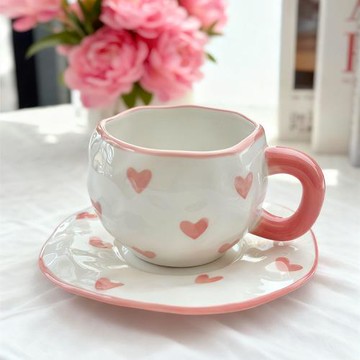 跨境高顏值日式手繪小愛心杯子下午茶ins風小眾手繪陶瓷咖啡杯碟1