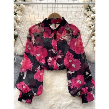 法式風高級感碎花長袖襯衫女夏季燈籠袖小眾精致浪漫氛圍設計上衣