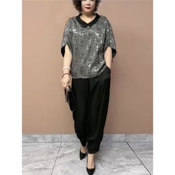 夏季新款洋氣媽媽蝙蝠袖真絲上衣大碼中老年女裝娃娃領T恤小腳褲