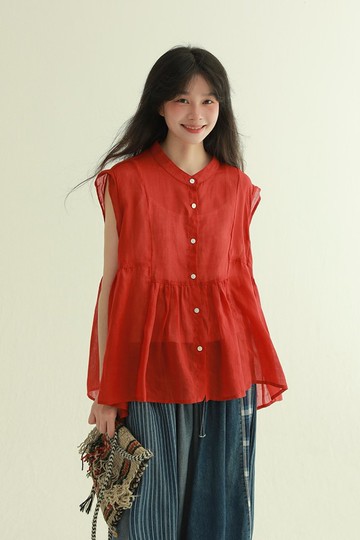 2顔色 背後繫帶飛袖苧麻罩衫 文藝復古休閒百搭短袖襯衫上衣