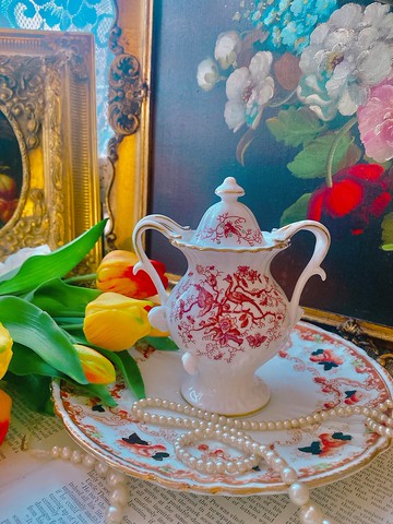 英國製Coalport 鈷紅手繪喜鵲圖騰芳香罐儲物罐庫存品