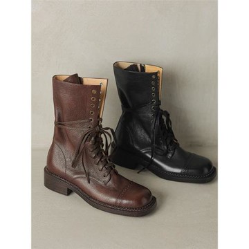 miu家英倫復古風馬丁靴女2024秋冬手工美拉德短靴系帶西部牛仔靴