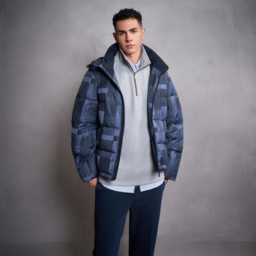 防潑水可拆式連帽式格紋羽絨外套/暗海軍藍色(身長-26＂) | 5819205479