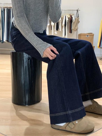 深藍丹寧色a版牛仔褲女夏季新款梨型身材闊腿顯瘦直筒微喇叭褲子鑫弘-素時衣櫥